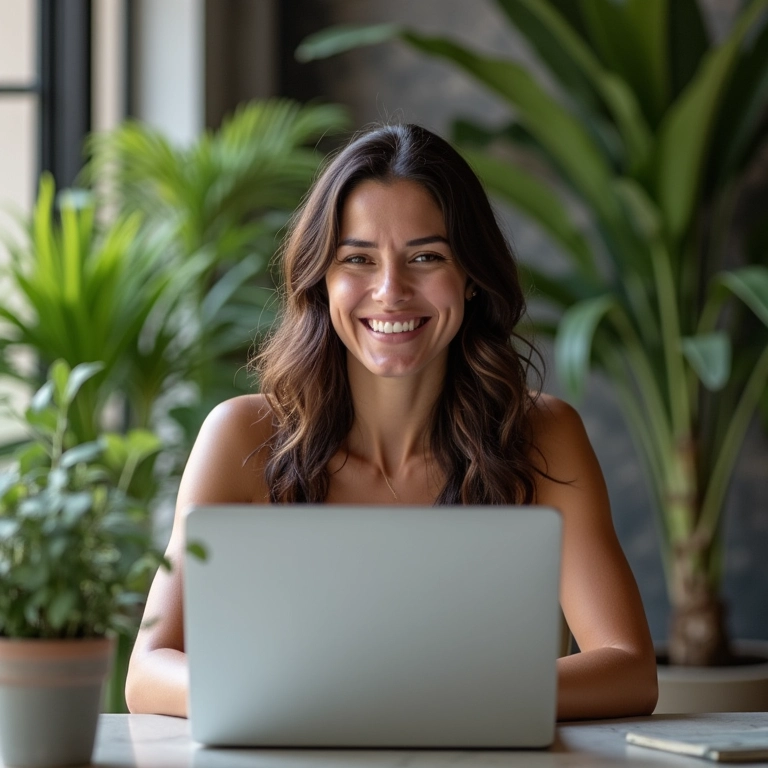 Mulher de negócios sorrindo ao garantir um domínio por backorder.