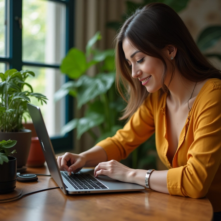 Mulher desconectando carregador de notebook com 100% de bateria.