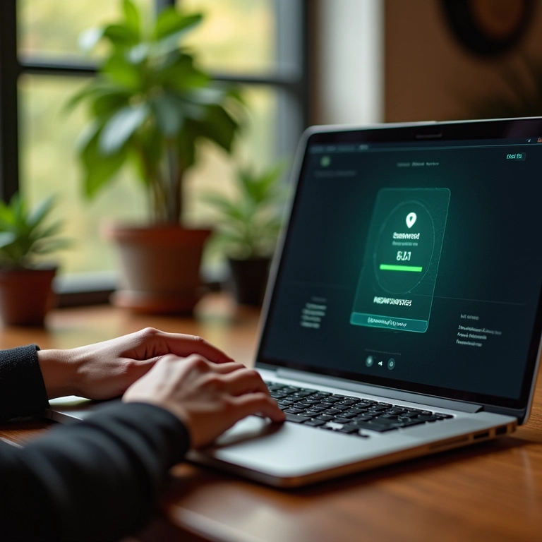Mulher digitando senha forte em um laptop com indicador de segurança.
