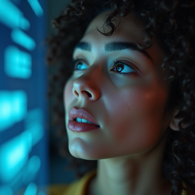 Mulher interagindo com interface holográfica, representando a privacidade de dados na era da IA.