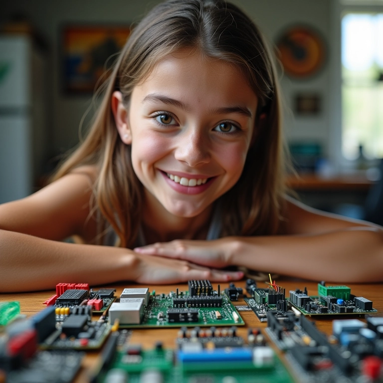 Mulher jovem programando um microcontrolador com MicroPython em um ambiente de trabalho vibrante.