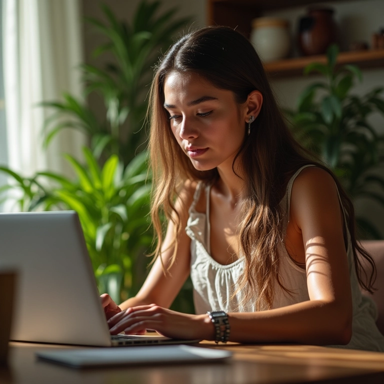 Mulher otimizando meta tags em um laptop para melhorar o SEO.
