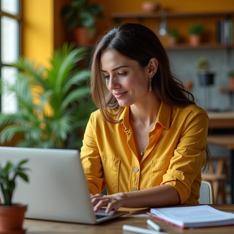 Mulher revisando dicas de segurança online em um laptop em um escritório vibrante.