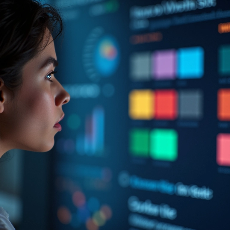 Mulher selecionando cores em interface de UI, transmitindo emoções.