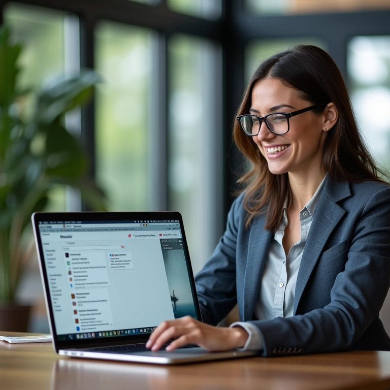 Mulher sorrindo ao usar a interface amigável do Roundcube.