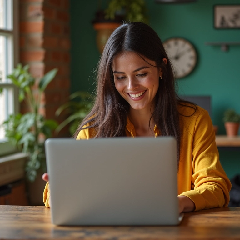 Mulher sorrindo usando Gmail com domínio próprio no escritório.