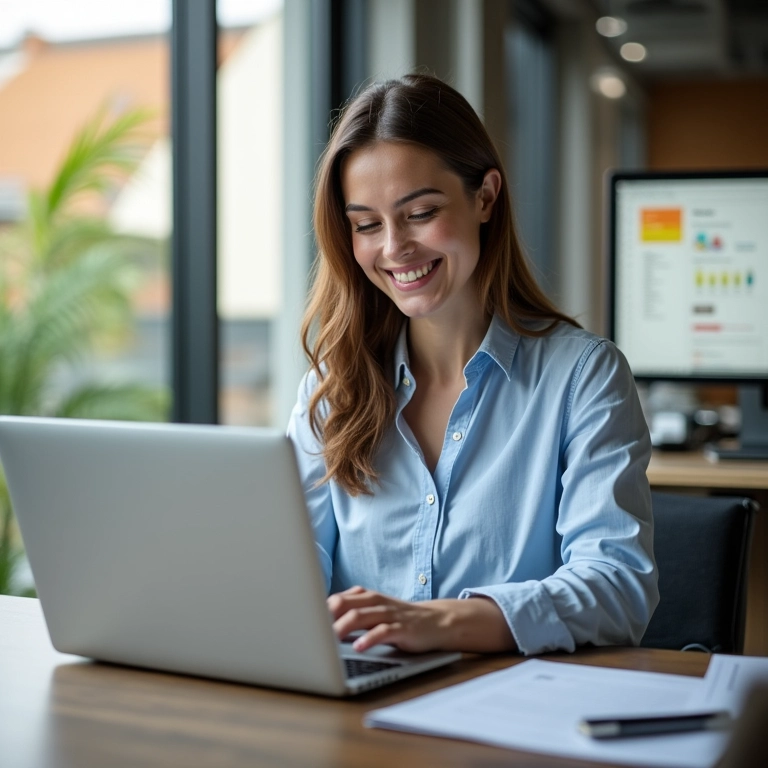 Mulher sorrindo usando laptop com painel do Mautic aberto, mostrando interface amigável.
