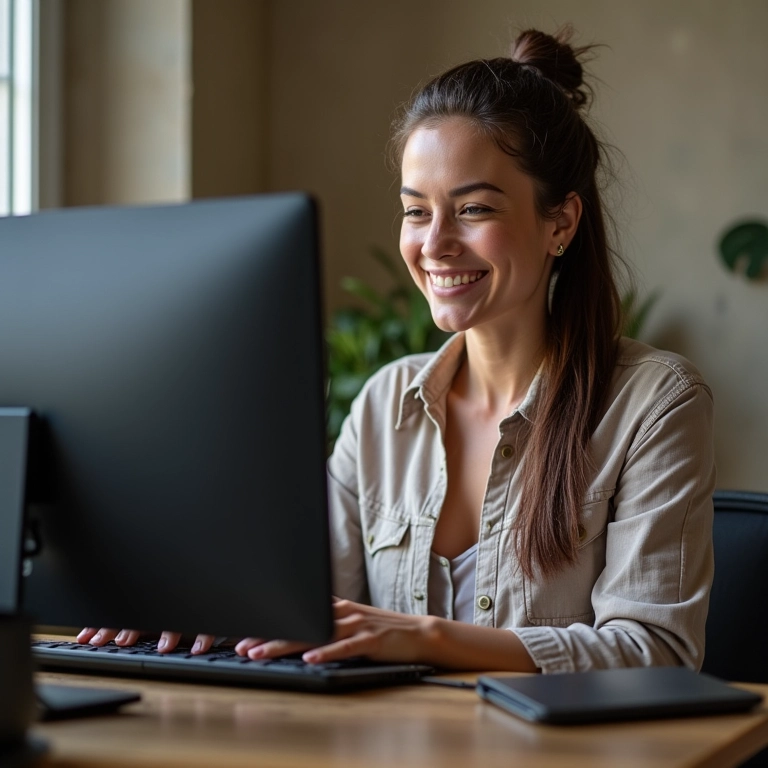 Mulher sorrindo usando PC recondicionado de alto desempenho.