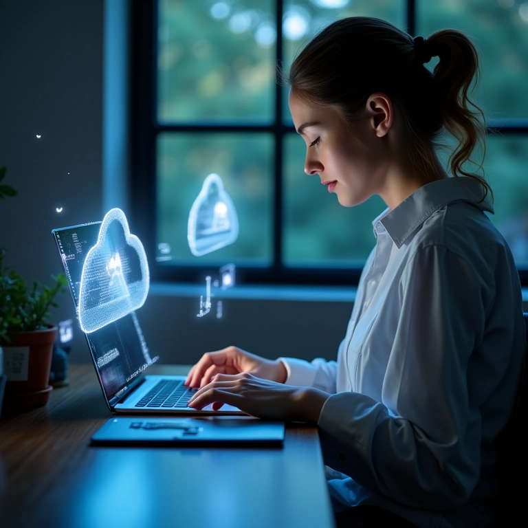 Mulher trabalhando com ícones de nuvem e armazenamento local em seu laptop.