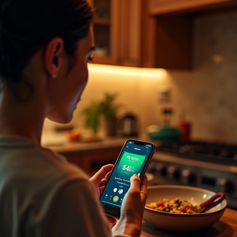Mulher usando a Siri para controlar o Spotify durante o preparo do jantar.