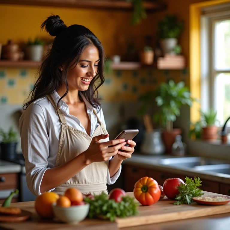 Mulher usando a Siri para definir um lembrete na cozinha.