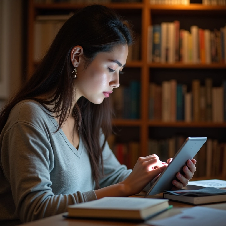 Mulher usando a Siri para pesquisa acadêmica em seu iPad.