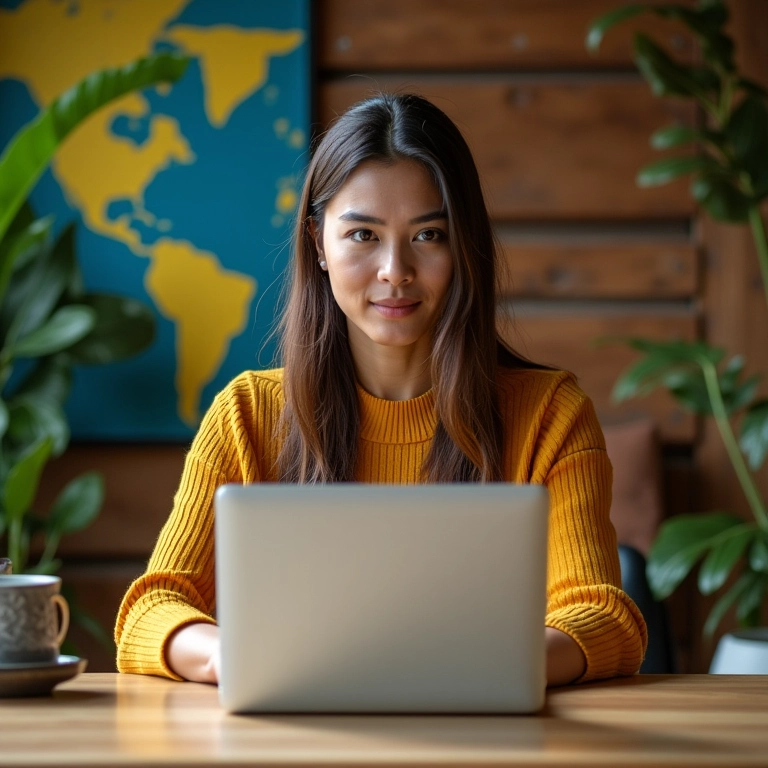 Mulher usando Beautiful Soup em laptop em escritório brasileiro.