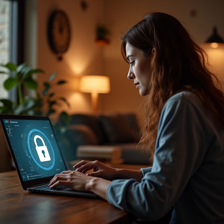 Mulher usando laptop em rede Wi-Fi segura com cadeado.