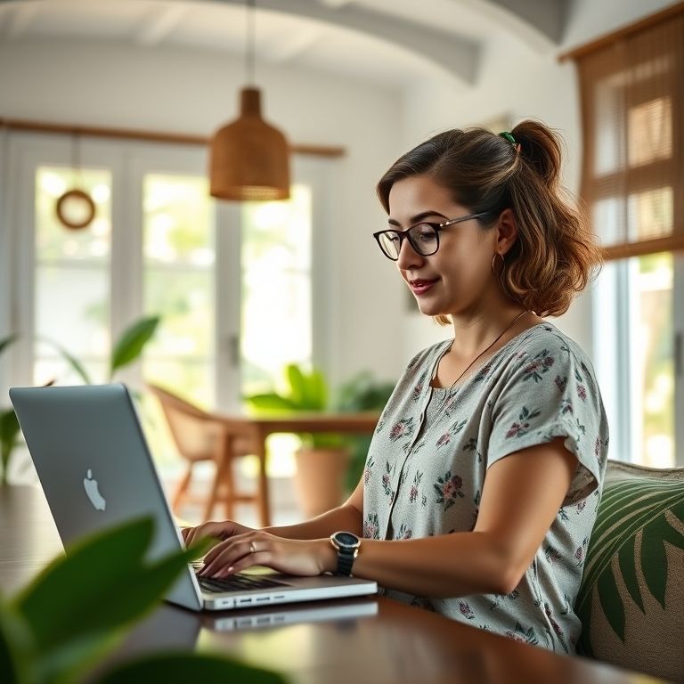Mulher usando leitor de tela em laptop em casa decorada em estilo brasileiro vibrante.
