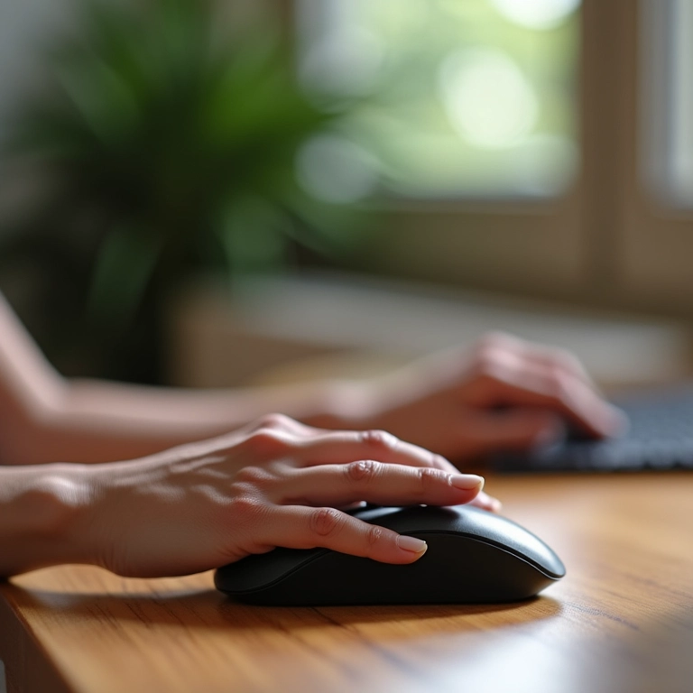 Mulher usando mouse vertical com pulso relaxado em ambiente decorado.
