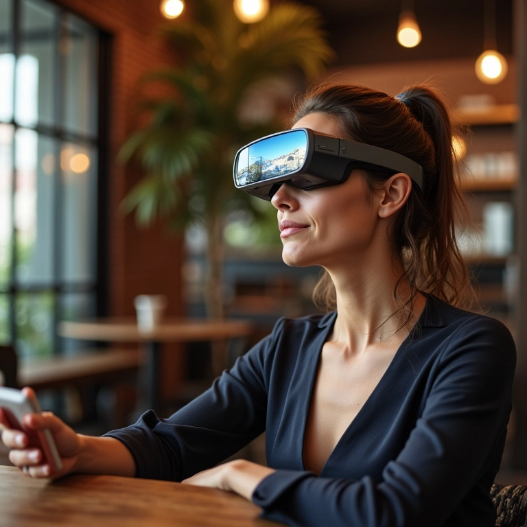 Mulher usando Vuzix Blade 2 em café charmoso no Brasil.