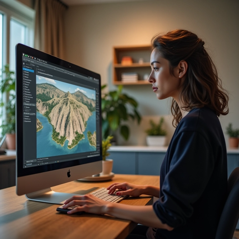 Mulher utilizando software de calibragem em PC com interface intuitiva.