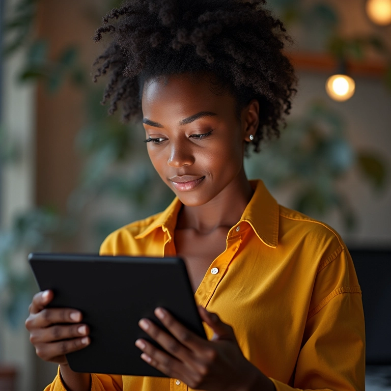 Mulher verificando a reputação de loja online em um tablet.
