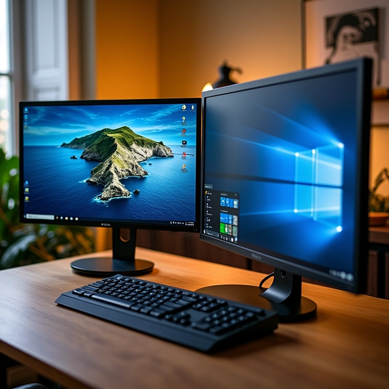 Múltiplos monitores conectados a uma dock station em um apartamento brasileiro.