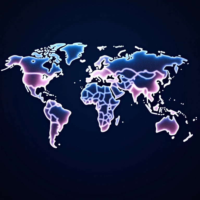 Nós de rede descentralizados em um mapa mundial.