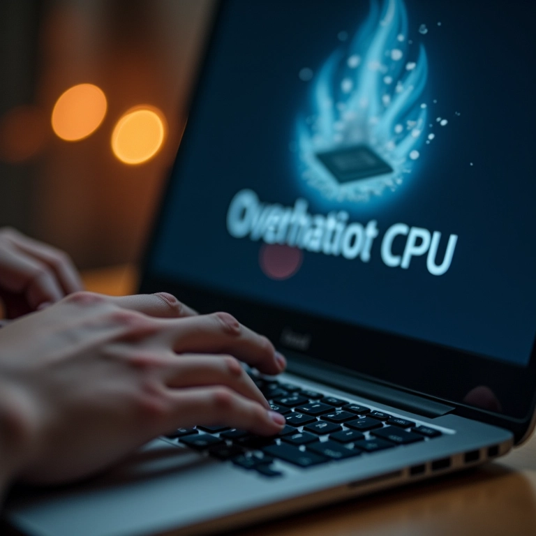 Notebook com aviso de superaquecimento e mãos de pessoa preocupada.