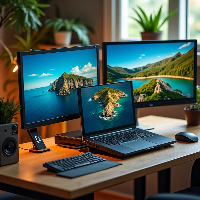 Notebook conectado a dock station com múltiplos monitores em um escritório moderno com decoração brasileira.