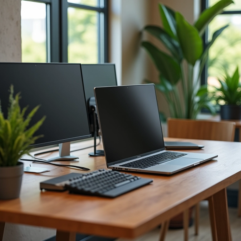 Notebook conectado a dock station com múltiplos monitores em um escritório moderno.