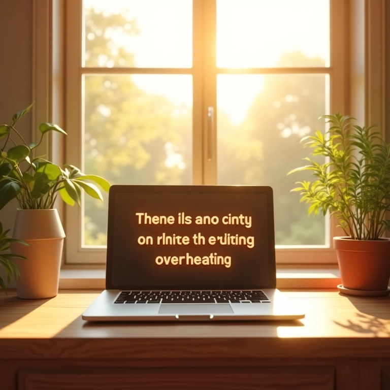 Notebook sobre um parapeito ensolarado com aviso de superaquecimento.