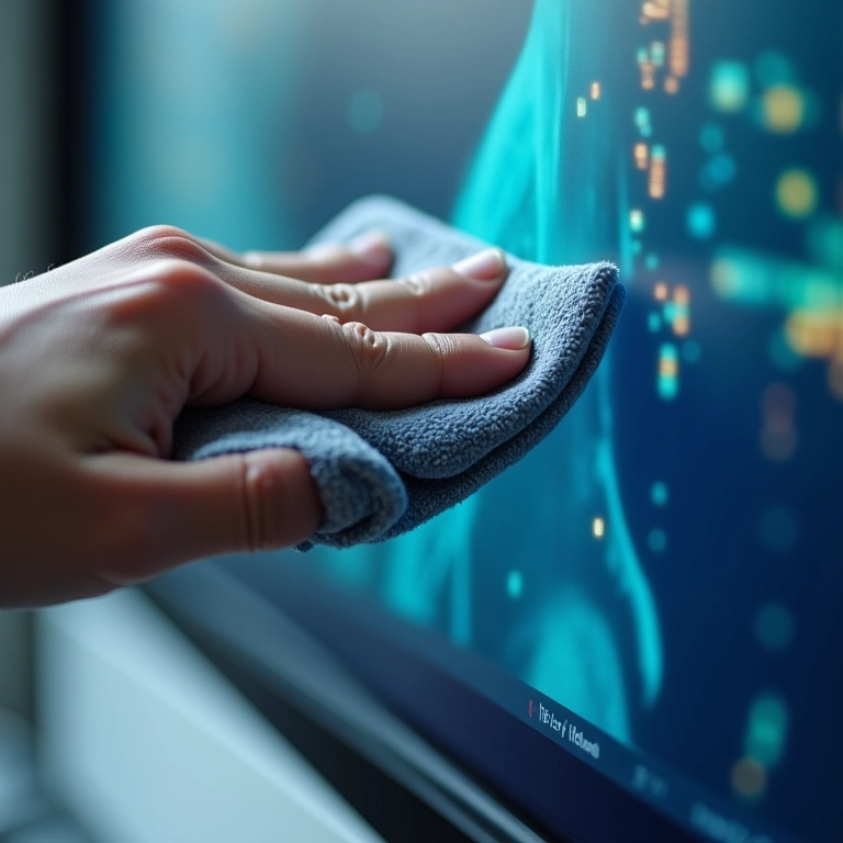 Pano de microfibra limpando tela de monitor.