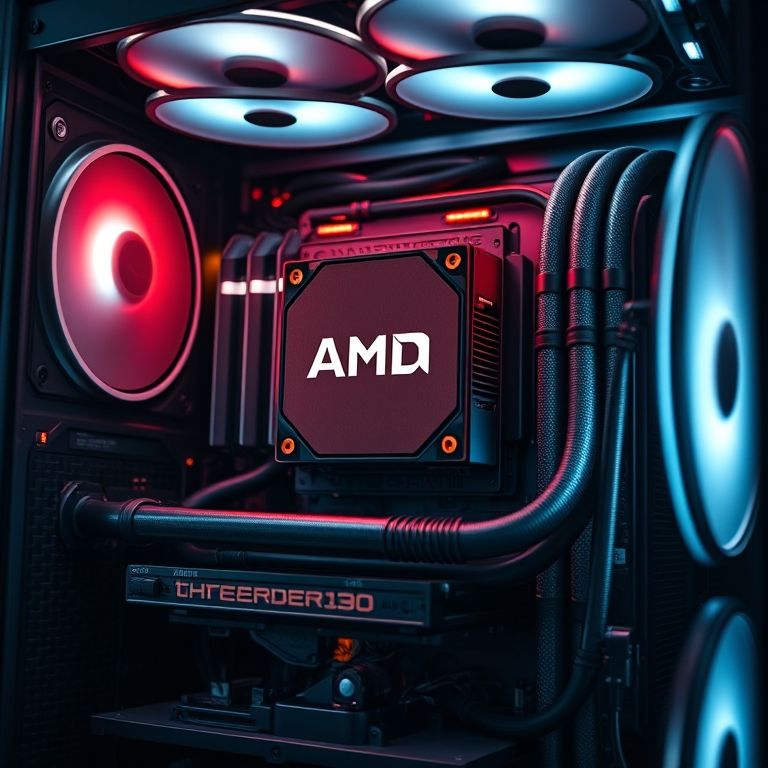 PC de alto desempenho com processador AMD Threadripper e water cooler.