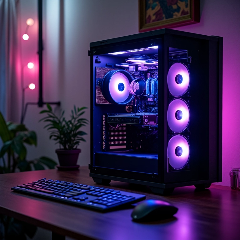 PC gamer moderno com iluminação RGB equilibrada, sem excesso de brilho.