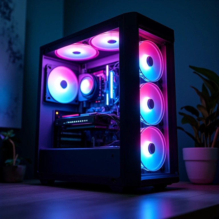 PC gamer moderno com iluminação RGB equilibrada, sem excessos.