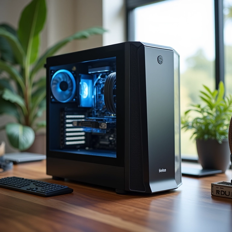 PC recondicionado em mesa moderna, representando economia e tecnologia.