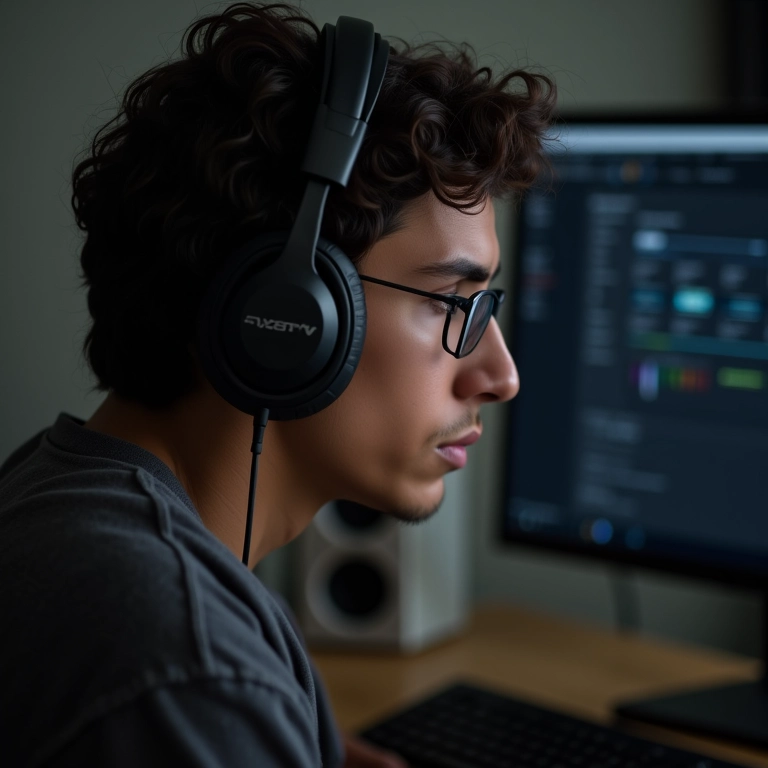 Pessoa ajustando configurações de áudio no PC com fones de ouvido.