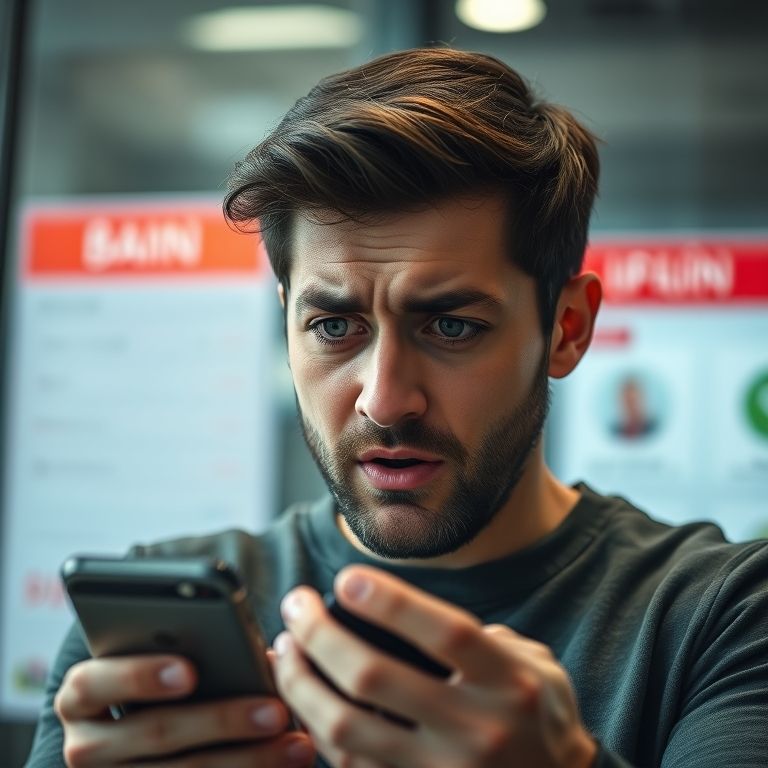 Pessoa chocada olhando para o celular após golpe.