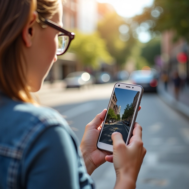 Pessoa com deficiência visual usando a Siri para navegação urbana.