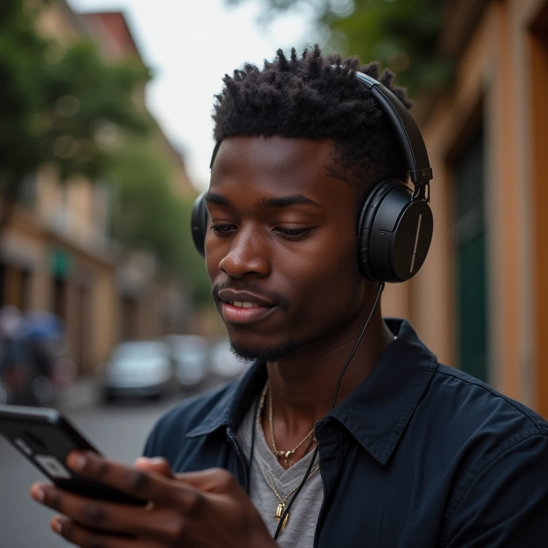 Pessoa desfrutando de áudio de alta resolução através de um DAC portátil conectado ao celular.