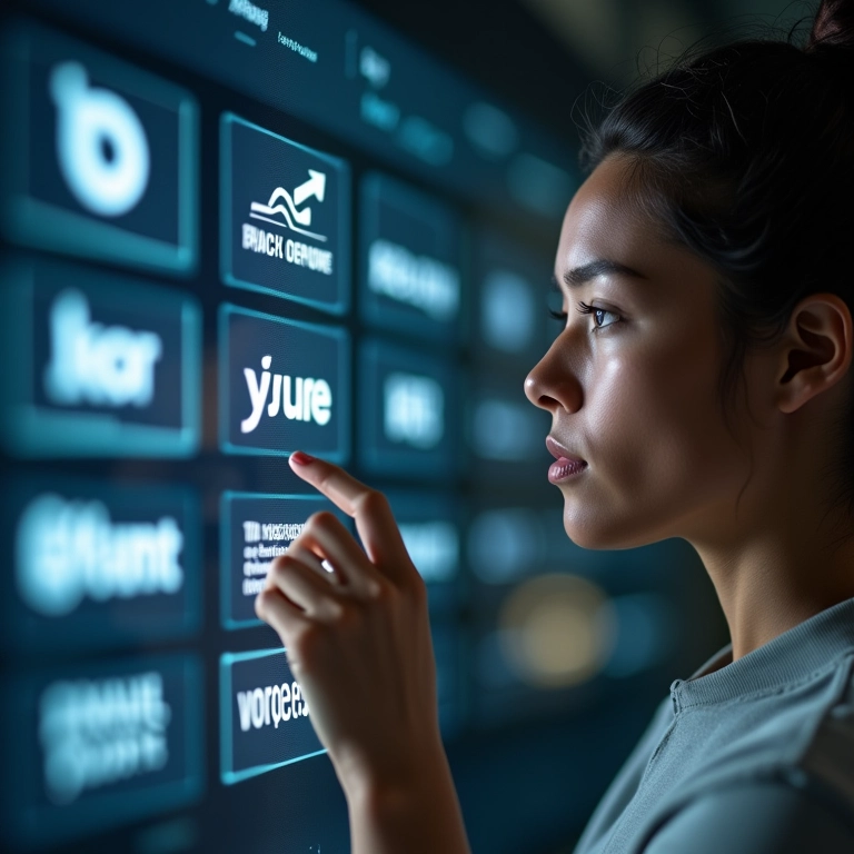 Pessoa escolhendo entre diferentes logos de frameworks exibidos em uma tela, representando a decisão.