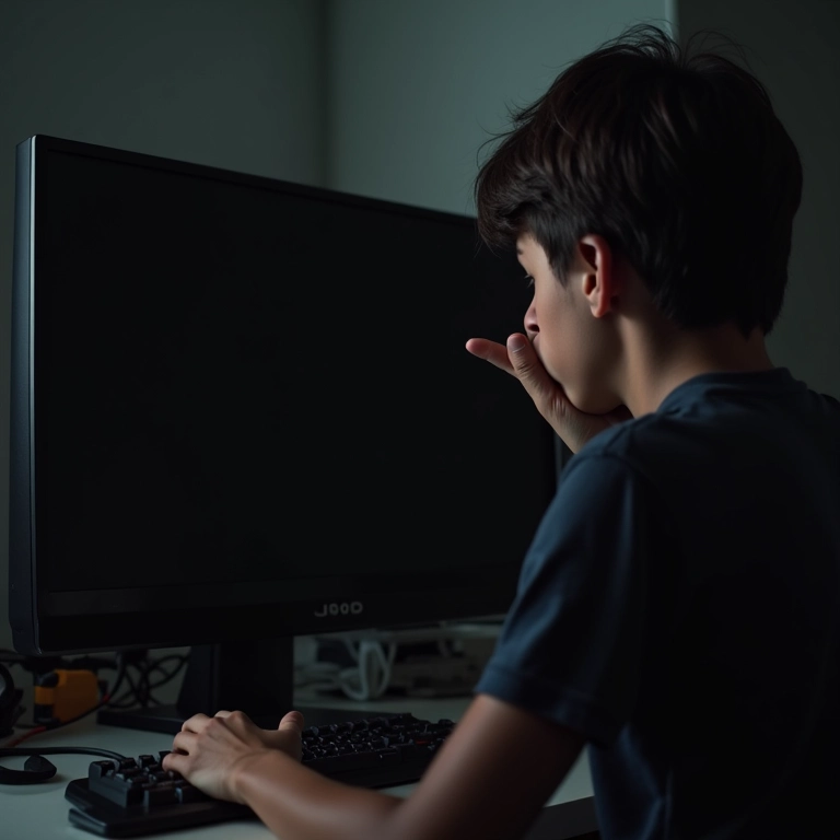 Pessoa frustrada olhando para tela preta do PC
