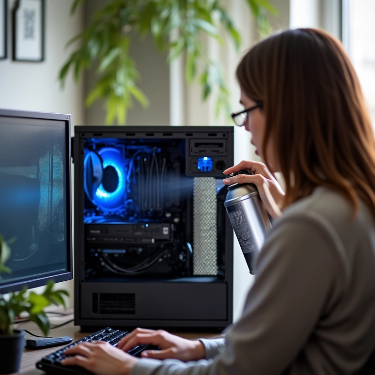 Pessoa limpando o interior do PC com ar comprimido para evitar superaquecimento.