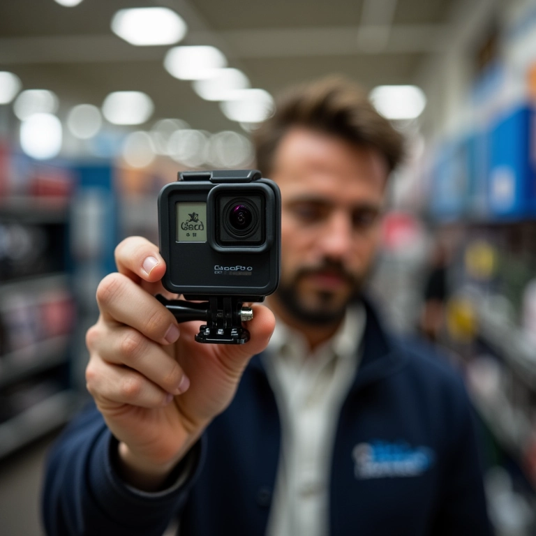 Pessoa olhando o preço da GoPro Hero 14 Black em loja de eletrônicos.