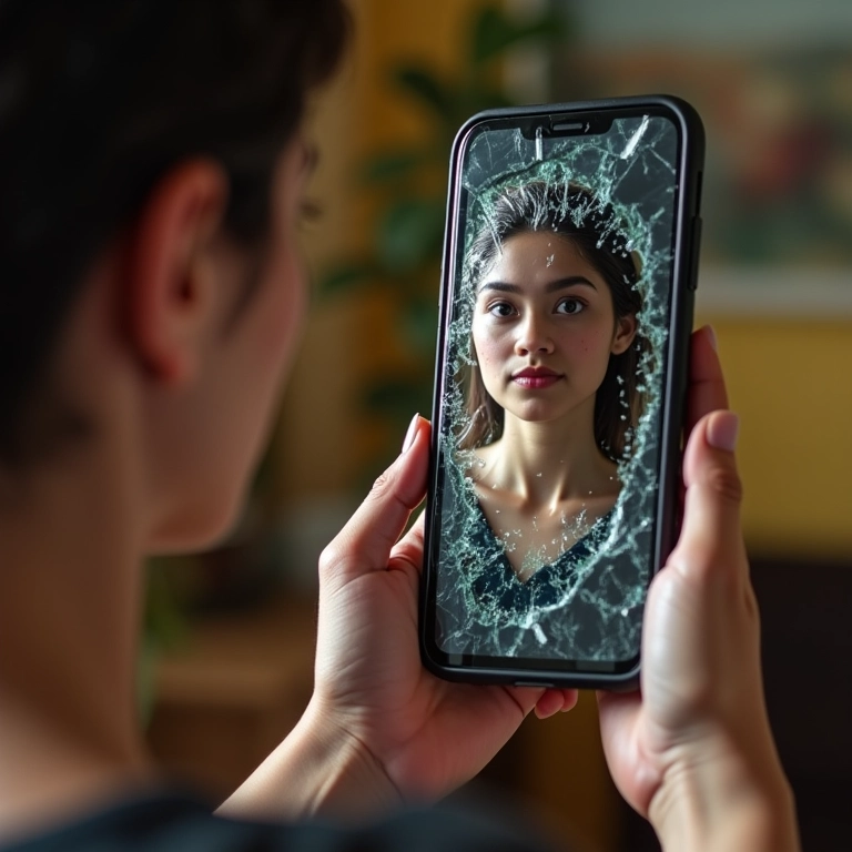 Pessoa olhando para o reflexo em tela de smartphone quebrada, simbolizando falta de controle.