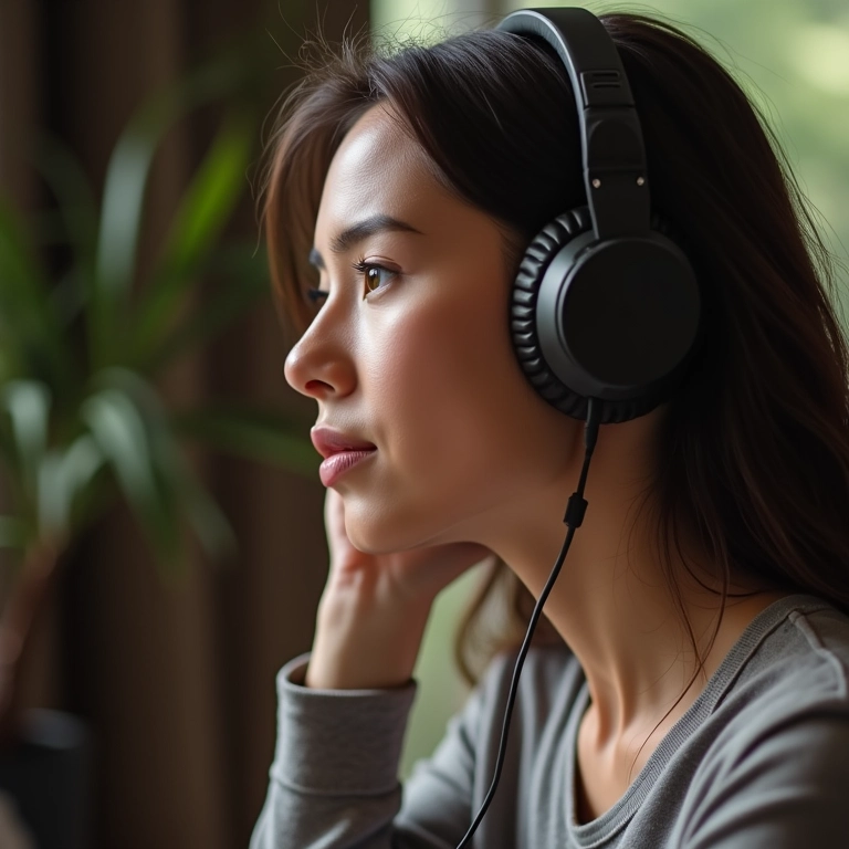 Pessoa ouvindo música com fones de ouvido e DAC/amplificador de alta qualidade.