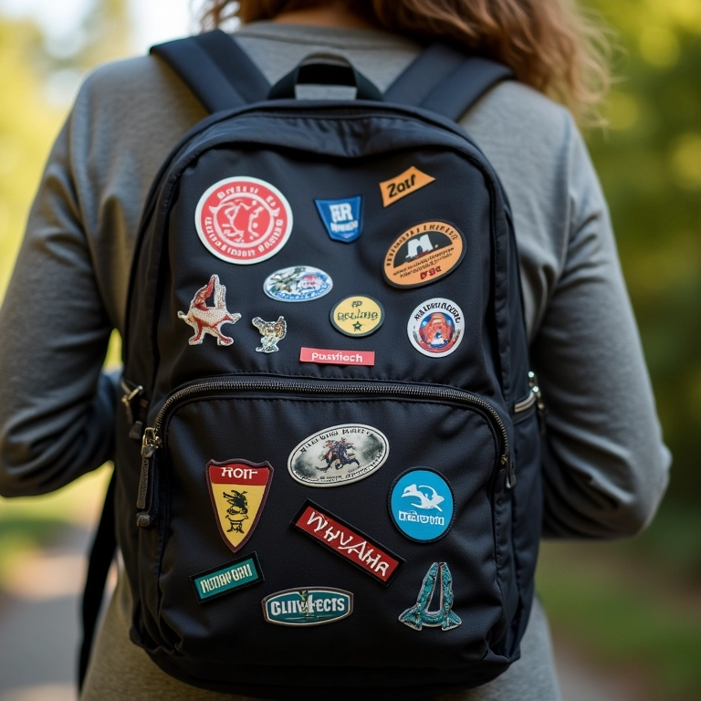 Pessoa personalizando mochila com patches e adesivos.