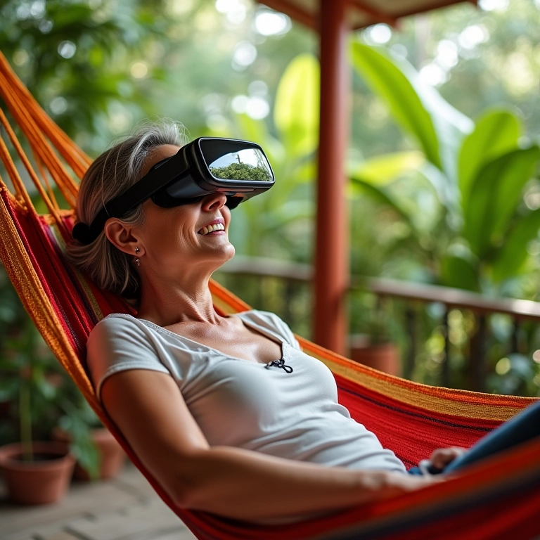 Pessoa relaxando em rede usando óculos de realidade aumentada confortáveis.