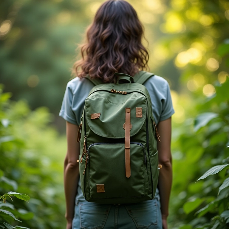 Pessoa segurando mochila eco-friendly em ambiente natural.