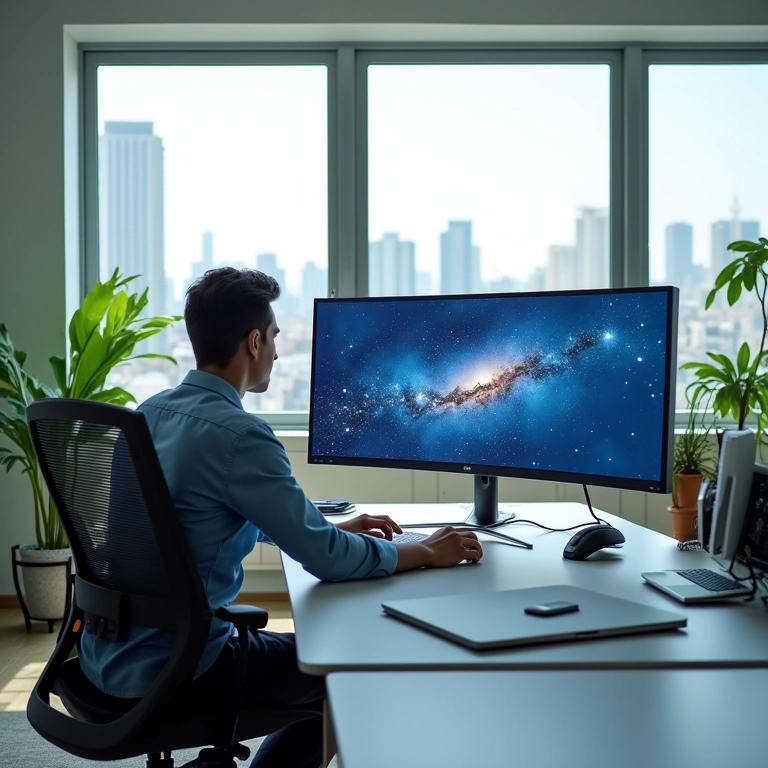 Pessoa trabalhando em um monitor ultrawide em um escritório moderno e bem iluminado.