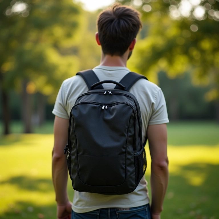 Pessoa usando mochila ergonômica confortavelmente em um parque.