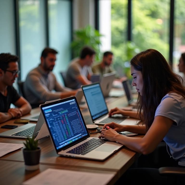 Pessoas analisando dados de leilão de domínios em laptops em um escritório vibrante.